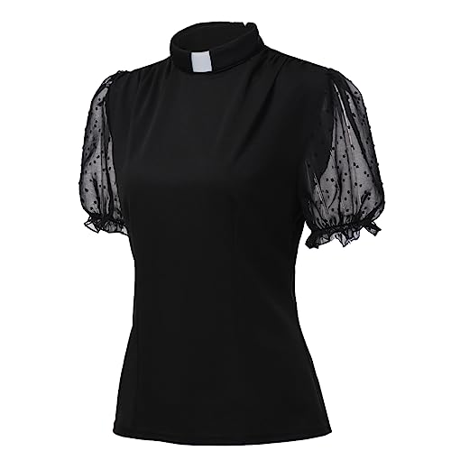 Womens Church Clergy Shirt Tab Collar Tulle Mesh Lantern Short Sleeves Slim Blouse Top3