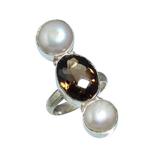 Bague argent sterling 925 avec topaze fumée et perle véritable fait main SF-1979
