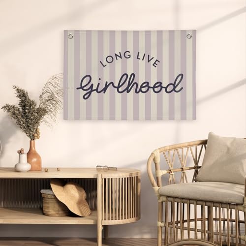 Image of Purple Girls Room Decor Long Live Girlhood Banner, Vintage Stripes Flag Banner Nursery Playroom Wall Decor for Girls Bedroom Dorm Toddler Decorations Teen Girls Kids Room 30x20,girlroom