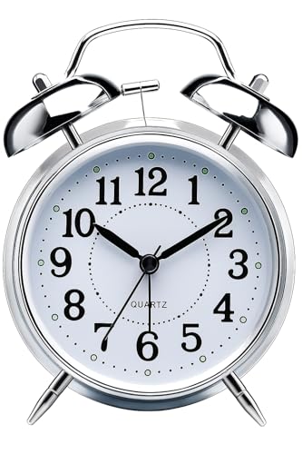 AERYS Table Clock Retro Twin Bell Metal Frame Alarm Clock with Night Backlight Function and Silent Motion, High Volume Bedside Luminous Alarm for Students Bedroom/Office (Silver Vintage)