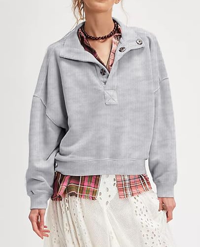 Gnveub Sweatshirt for Women Oversized Henley Neck Long Sleeve Button Pullover Tops Trendy Outfits Clothes(LightGrey,XL) - image 3