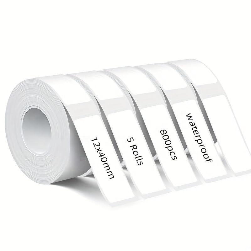 5Rolls White Label Tape 12mmx40mm Compatible with Phomemo D30 D35 Label Maker Waterproof Laminated Custom Stickers Office Labels Replacement (White)