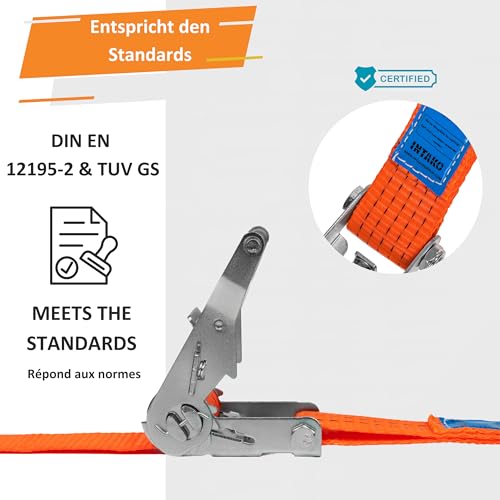 Spanngurte mit Ratsche und Haken - 4m / 6m / 8m - 2000kg 35mm - 4 Stück - Ratschen Set - Ratschengurt 2-Teilig - Zurrgurt Orange - TÜV GS Geprüft und gemäß DIN EN 12195-2 (Orange, 6m)