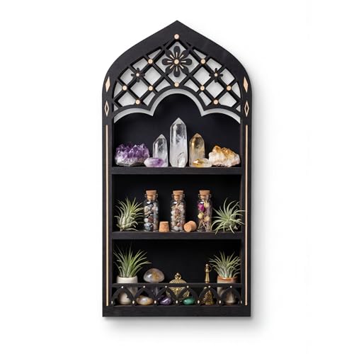 Floating Shelf, Gothic Window Crystal Display Shelf, Wall Mount Shelf, Cottagecore Vintage Decor, Wooden Wall Shelf for Bedroom and Living Room, Perfume Shelf for Wall, Black Shelf for Gothroom