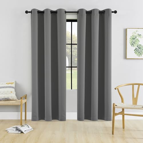 Image of HUTO Blackout Curatins Window Drapes for Bedroom Living Room - Antique Copper Grommet Room Darkening Thermal Insulated Privacy Protect Draperies Curtains, Set of 2, Grey, 42W x 84L