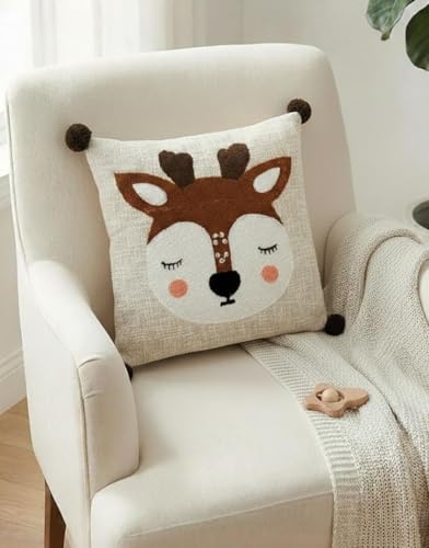 Image of Brown Cartoon Dear Embroidered Kids Cushion Cover 16 x 16 Inches or 40x40 cms Cotton Fabric Cushion Covers for Sofa Set /Diwan Beds, Sofa Throw Pillow Cover Only, Set of 1 Pc