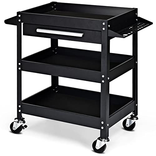 GiantexUK 3-Tier Rolling Tool Cart, Heavy-duty Steel Service Cart on Wheels with Drawer, Side Handle & Tool Slots, Utility Storage Trolley for Workshop Warehouse Garage Office (Black)