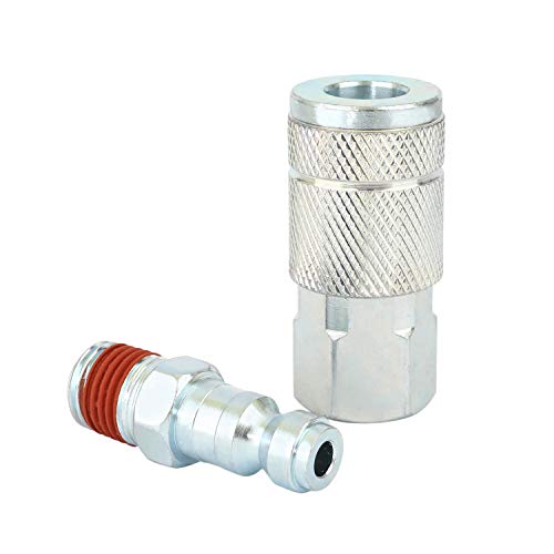 WYNNsky Air Tools Accessories Fittings, T Type Air Coupler and Plug Kit, 1-pc 1/4'' FNPT Zinc-Plated Steel Air Coupler, 1-pc 1/4'' MNPT Zinc-Plated Steel Air Plug