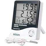 Termômetro Digital e Higrômetro com Relógio, Medição de Temperatura e Umidade, Máxima/Mínima, com Cabo, para Freezer, Geladeira, Aquário, Chocadeira Premium