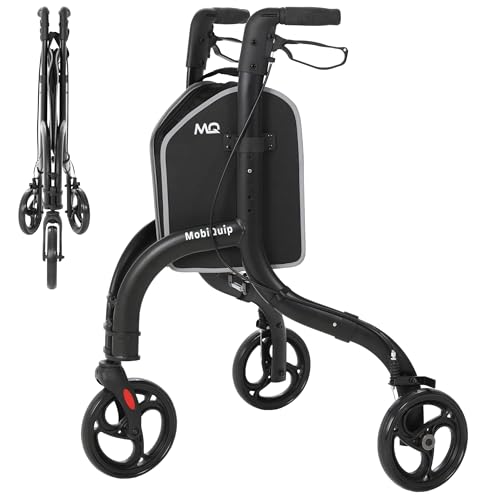 MobiQuip Ultra Light 3 Wheeled Walker, 4.6kg - Black Aluminium Walking Aid with Large Wheels, Adjustable Height & Removable Bag - Stylish, Ergonomic & Comfortable Mobility Walker