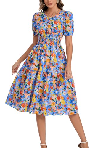 Image of Kormei Women Summer Casual Boho Floral Round Neck Short Sleeve Smocked Waist Tiered Flowy Swing Midi Dress