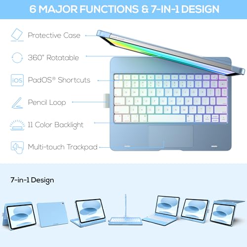 Image of typecase Touch iPad 11th 10th Generation Case with Keyboard (11 inch 2025, A16 & 10.9 inch 2022) - 360 Rotatable, 11-Color Backlit, Multi-Touch Trackpad, Pencil Holder, Thin & Light - Sky Blue