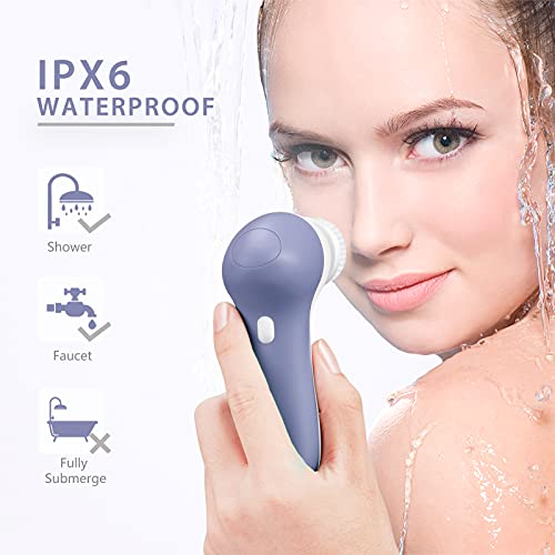 Rechargeable Facial Cleansing Spin Brush Set with 7 Interchangeable Brush Heads - Waterproof Face Spa System by CLSEVXY - Advanced Microdermabrasion for Gentle Exfoliation and Deep Scrubbing(Purple)