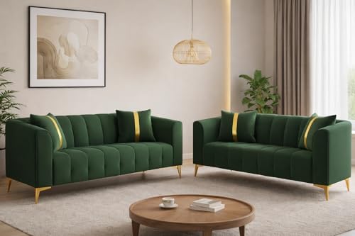 Image of Adorn India Premium Mystic - 3 Years Warranty - 3+2 Sofa Set Velvet Suede Fabric - Green