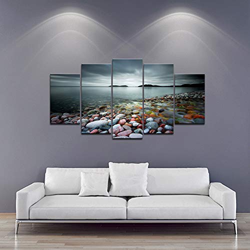 Sechars - Peaceful Ocean Large 5 Panels Colorful Stones Under Sunset Landscape Canvas Prints Wall Art For Home Decorations Framed Art Ready To Hang #TOP2