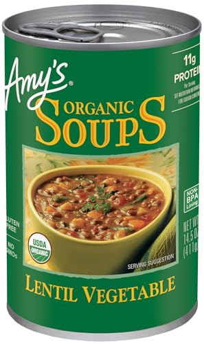 Amy’s Soup, Vegan Lentil Vegetable Soup, Gluten Free, Made With Organic Celery, Carrots, Potatoes and Spinach, Canned Soup, 14.5 Oz