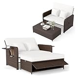 COSTWAY Sofa Exterior de Ratán con Reposapiés de Almacenamiento, 2 Plazas Tumbona Acolchado con Respaldo Ajustable de 4 Nivelesy Mesas Auxiliares Plegables para Jardín y Piscina (Blanco)