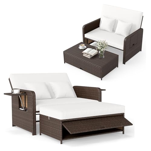 COSTWAY Sofa Exterior de Ratán con Reposapiés de Almacenamiento, 2 Plazas Tumbona Acolchado con Respaldo Ajustable de 4 Nivelesy Mesas Auxiliares Plegables para Jardín y Piscina (Blanco)