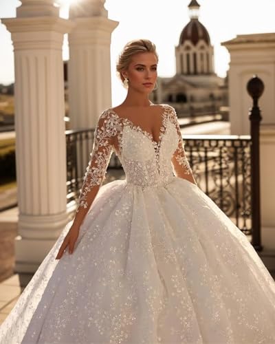 Jamille Women's Lace Beach Wedding Dresses for Bride 2025 Deep V Neck Long Ball Gowns with Train Sleeve High Waist JA01252