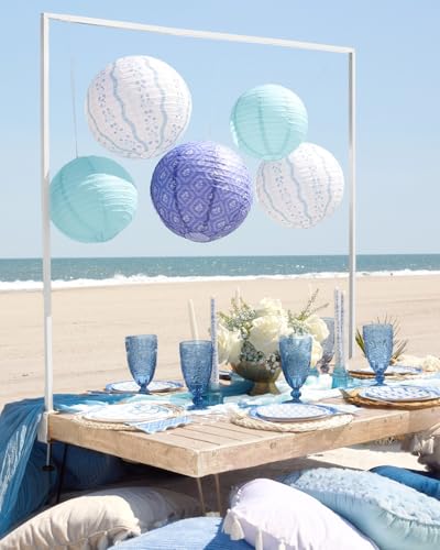 Image of xo, Fetti Blue Coastal Paper Lanterns - 6 pcs. | Beach Party Decorations, Bachelorette Lights, Nautical Birthday Tablescape, Seaside Shower Centerpiece