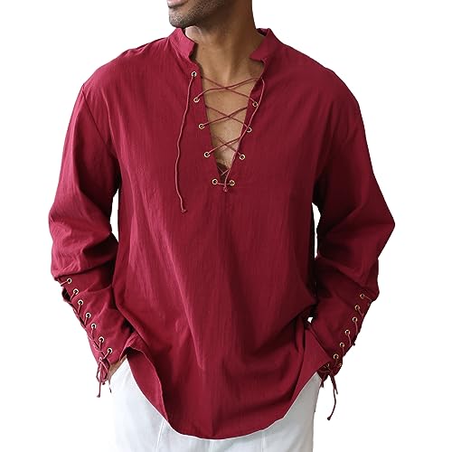 Image of CTU Men's Cotton Shirt Pirate Shirt Medieval Viking Renaissance Costume | V-Neck,Drawstring Collar,Linen Tunic,Ren Faire,Plus Size,Goth,Big and Tall,Halloween