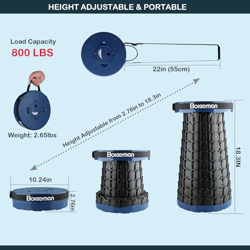 Image of Boreeman 2026 Upgraded Collapsible Stool Lightweight Yet Sturdy with Load Capacity 800lbs Portable Folding Stool for Camping Fishing Hiking BBQ (Navy)