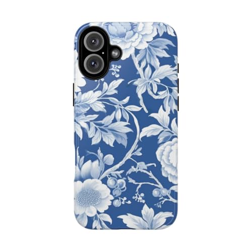 Coque motif floral bleu et blanc pour iPhone 16 Plus finition brillante haut de gamme