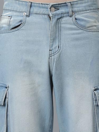 Image of KOTTY Men's Loose Fit Cargo Denim Jeans - Vintage Washed Utility Jeans with Side Pockets