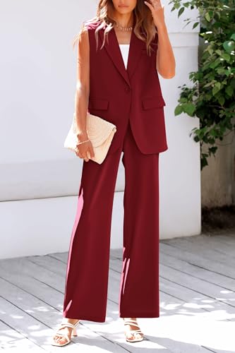 Image of PRETTYGARDEN Women's 2 Piece Outfits Sleeveless Suit Vest and Wide Leg Pants Business Casual Blazer Sets
