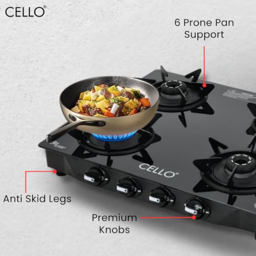 Image of Cello Dezire Plus 4 Burner Gas Stove | 6mm Toughened Glass | Manual Ignition | ISI Certified | Rapid Alloy Burnes | 1 Year Warranty | Hexa Pan Supports