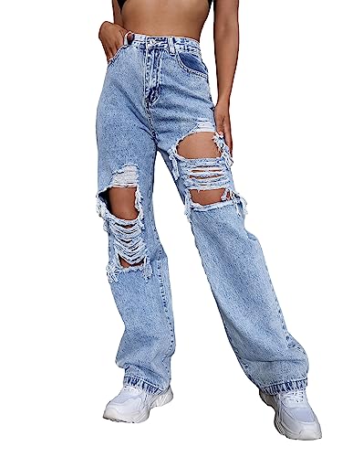 Floerns Women's Straight Leg Zipper Fly High Waisted Ripped Raw Long Denim Jeans