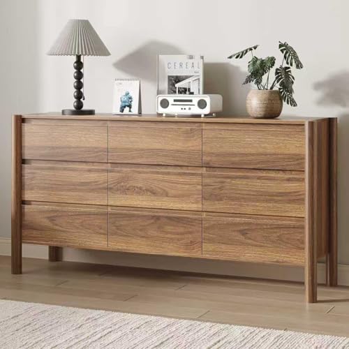 Dresser for Bedroom with 9 Drawers,63″ Wide Walnut Dresser with 4 Solid Wood Legs, Wooden TV Stand,Closet Clothes Organizer for Bedroom, Hallway
