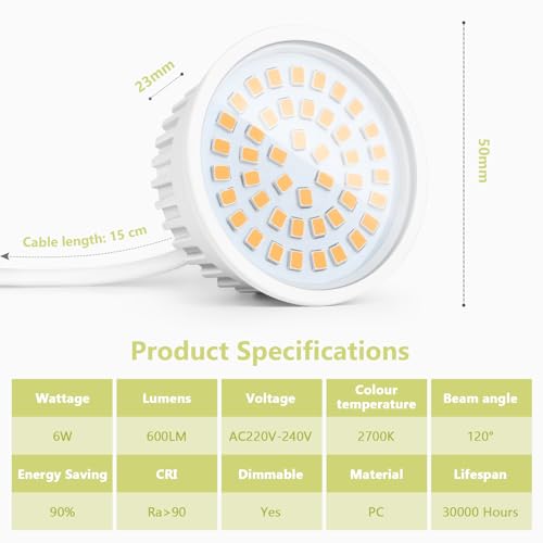 YindaLux Zestaw 10 modułów LED 230 V, ekstra płaskie Ø50 x 23 mm, 6 W 600LM IP44, kąt 120°, zamiennik GU10/MR16, 2700K/Ściemnialny, do wpuszczanych reflektorów