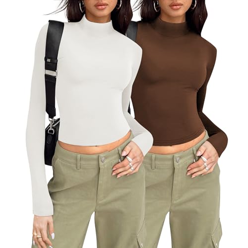 Zeagoo Women's Turtleneck Slim Fitted T-Shirts Long Sleeve Tops 2024 Fashion Mock Neck Tops for Women,2 Pack White+Brown M