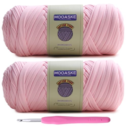 Image of Mooaske 2 Pack T-Shirt Crochet Yarn for DIY Knitting Crochet Cloth Blanket Bag Dolls - 400g Chunky Thick Yarn for Crocheting with Polyester-Spandex Blend Elastic Fabric (Pink)