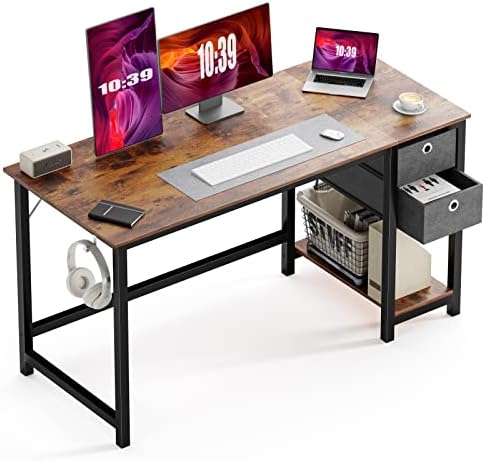 Computer Desk with Drawer Home Office Desks 55 Inch Writing Desk Work Desk PC Table Study Desk with 2 Tiers Drawers Storage Shelf Headphone Hook, Modern Simple Style Laptop Desk for Bedroom, Gaming