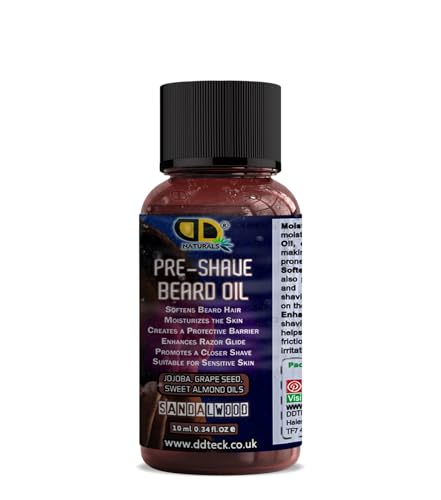 Image of DD Teck Pre-Shave Beard Oil with Sandalwood – Soothes Sensitive Skin, Softens Hair, Enhances Razor Glide & Reduces Tug & Irritation – Natural Jojoba, Grapeseed & Sweet Almond Oils (10ml)