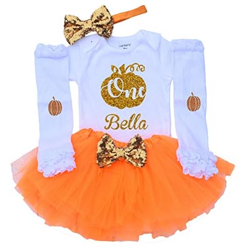 Funmunchkins Pumpkin 1st Birthday Outfit Girl Fall First Birthday Dress Personalized (12M SS) White,Orange Cover