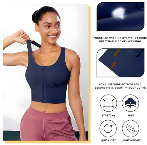 Image of Fabluk Women's Medium Impact Front Zip Sports Bra - Longline Fitness Crop Top with Criss-Cross Back, Wire-Free Yoga & Workout Tank, Sizes M-2XL