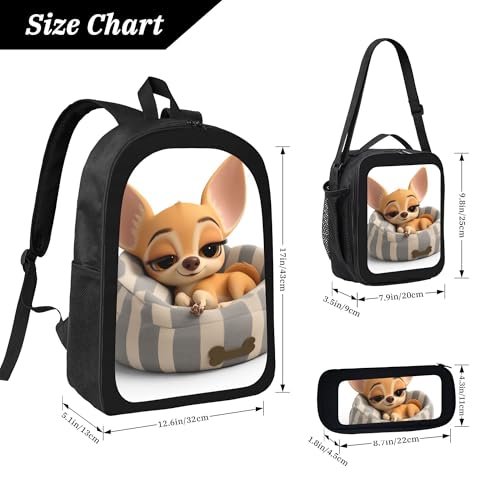 Cute Animal Cartoon Dog Large 3-Piece Backpack Set with Insulated Lunch Box & Pencil Case Waterproof 17 Inches Backpacks Bag Back Packs Pencil Pouch Lunch Bag for Men Women 3 Pcs (Black)4