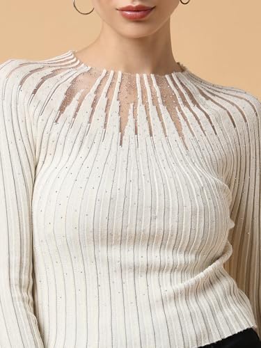 Image of ICW Women Knitted Rhinestone Embellised Daimond Studded Mesh Round Neck Long Sleeve Crop Top T-Shirt 206