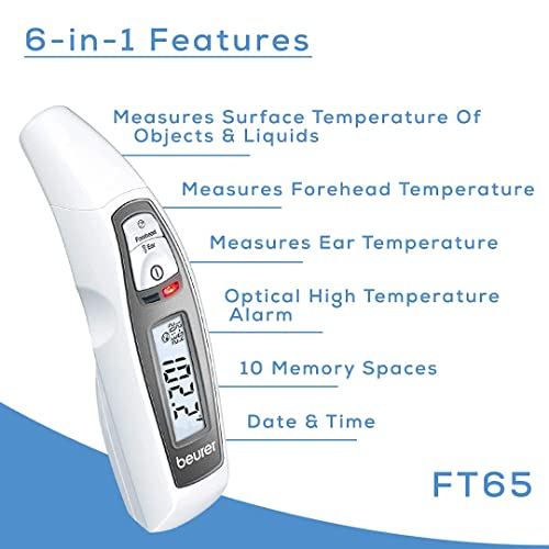 Image of Beurer Plastic FT65 3-in-1 Digital Thermometer - Non-Contact Infrared Thermometer w / Memory Slots - Large Display w / Fever Alarm, High Accuracy Forehead Thermometer for Adults and Kids (Ear /Forehead)