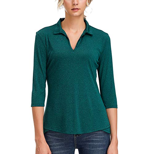 MOHEEN Women's Moisture Wicking Golf Polo Shirt 3/4 Sleeve Dry Fit(Dark Green,XL)