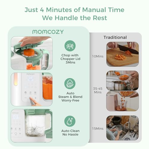 Momcozy AutoMeal Baby Food Maker – One-Step Auto Steam & Blend Food Processor, 15oz Large Cup & 6-Blade Design, Self-Cleaning, Auto 3-Stage Texture Settings for Effortless Homemade Baby Puree