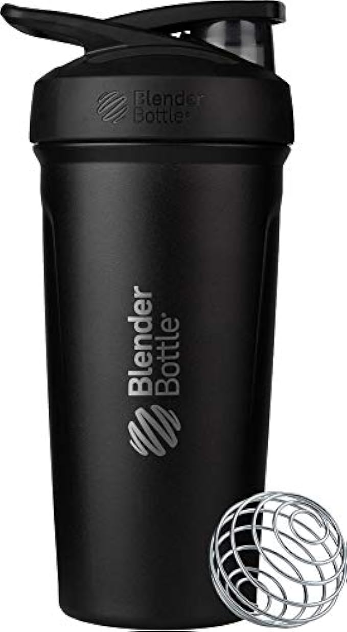 BlenderBottle Strada Shaker Cup Insulated Stainless Steel Water Bottle with Wire Whisk, 24-Ounce, Black