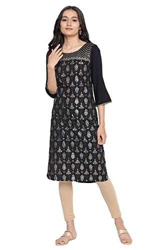 Image of Aurelia Women's Viscose Straight Fit Ornamental Round Neck Straight Kurta