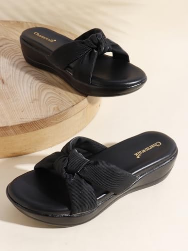 Image of Women's Wedge Slip-On Sandals with Knot Strap | Comfortable Casual Platform Slippers for Girls & Women