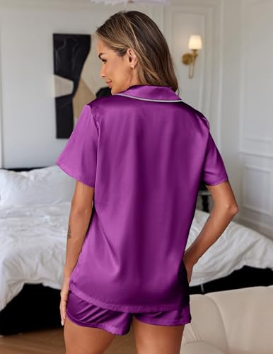 Ekouaer Womens Silk Satin Pajamas Set 2 Piece Pjs Short Sleeve Sleepwear Button Down Top and Shorts Loungewear S-XXL2