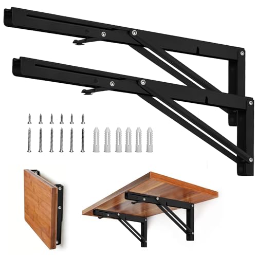 Image of Storystore Folding Shelf Brackets - 20 Inch Heavy Duty Metal Collapsible Shelf Bracket for Bench Table, Shelf Hinge Wall Mounted Space Saving DIY Bracket, Max Load: 150 lb 2 PCS (Black)