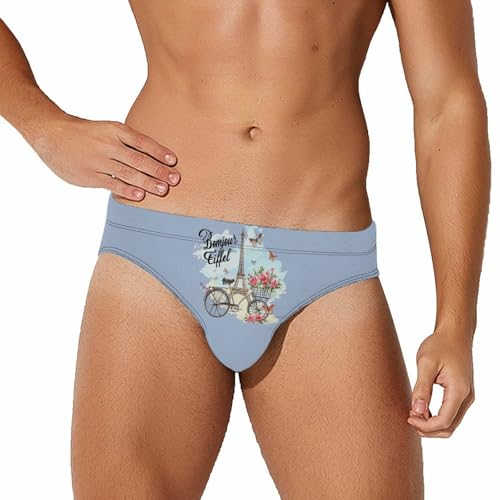 Eiffel Tower And Vintage Bicycle Flowers Mens Swim Briefs Bikini Swimwear Print Beach Shorts Sexy Swimsuit S
